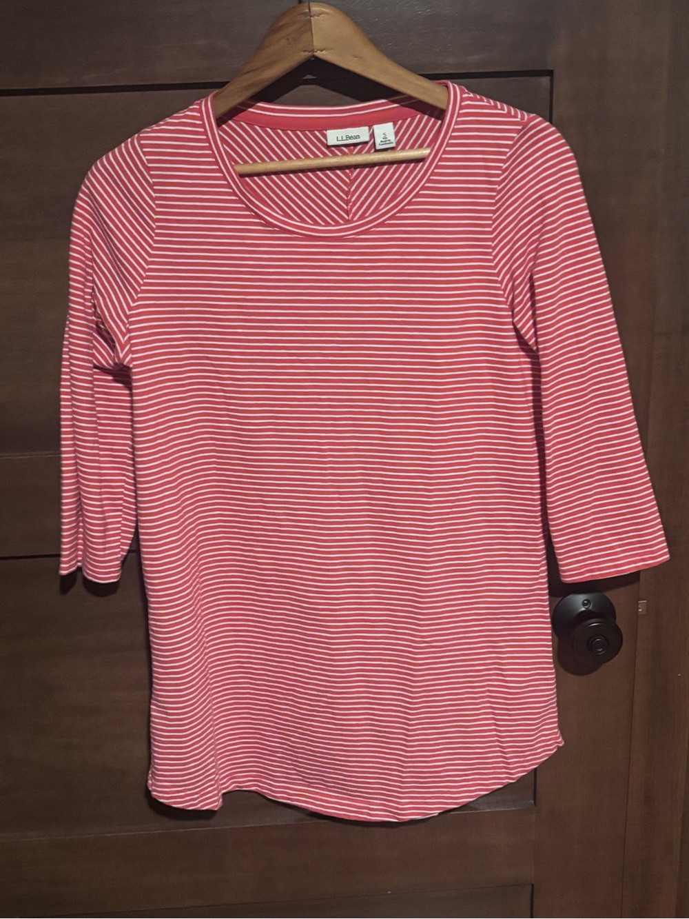L.L. Bean Women's Coral and White Striped 3/4 Sleeve Tee